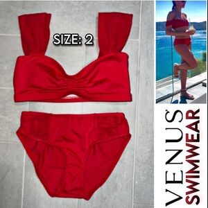 LIKE NEW - VENUS - Mesh Bikini Top + Midrise Mesh Side Bikini Bottom RED SIZE 2